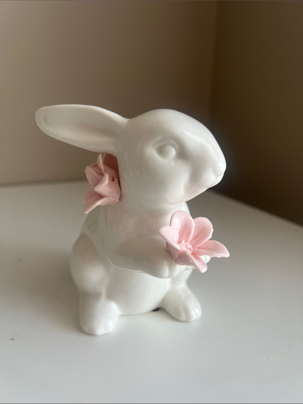 Ceramic Bunny Figurine with Pink Flower Accents